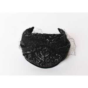 Vintage Black Sequin Headband Headpiece Fascinator Veil Netting Jordan Marsh